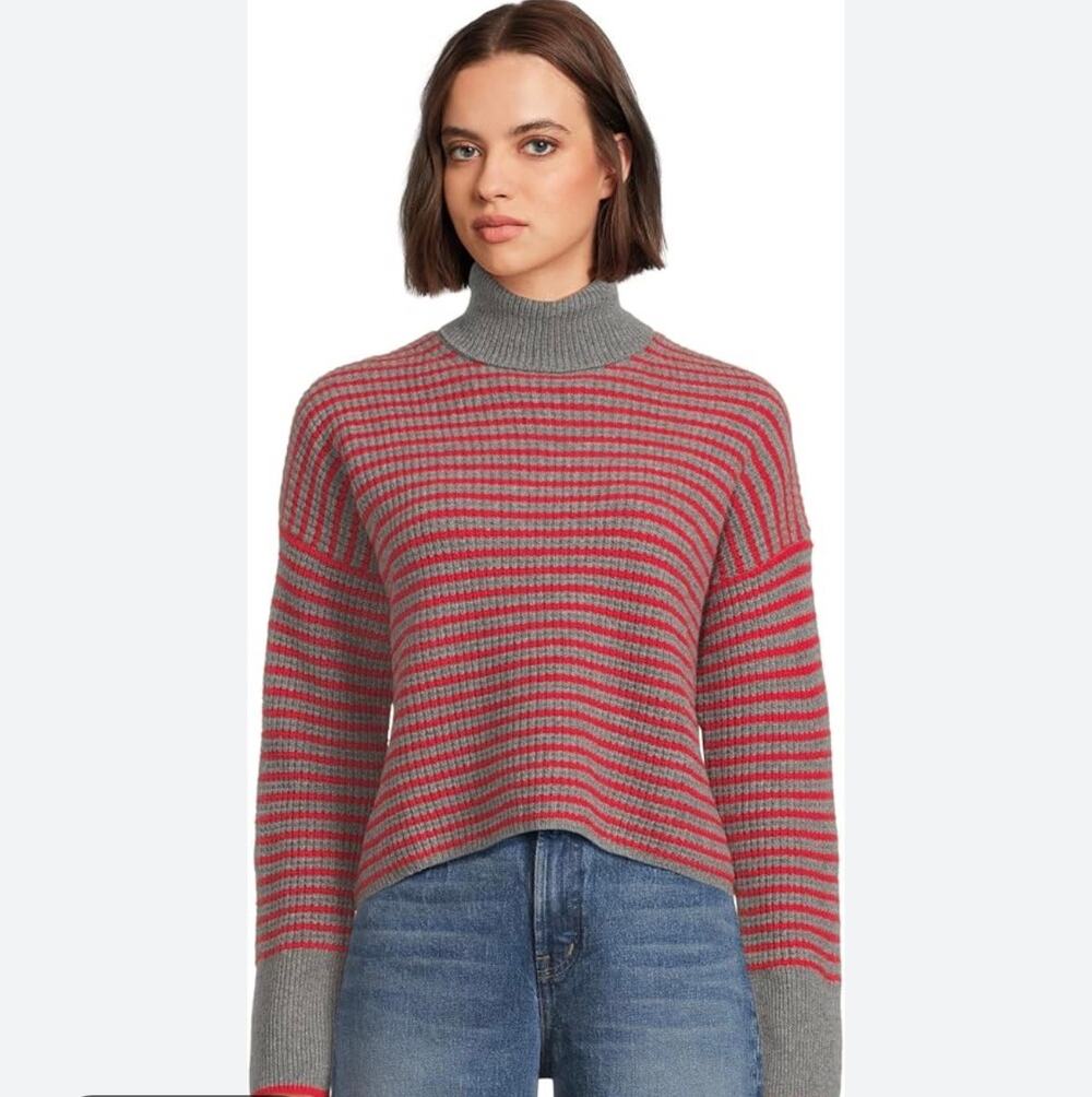 Madewell Size Medium Wool Waffle Knit Turtleneck Sweater Red Gray Stripe Preppy